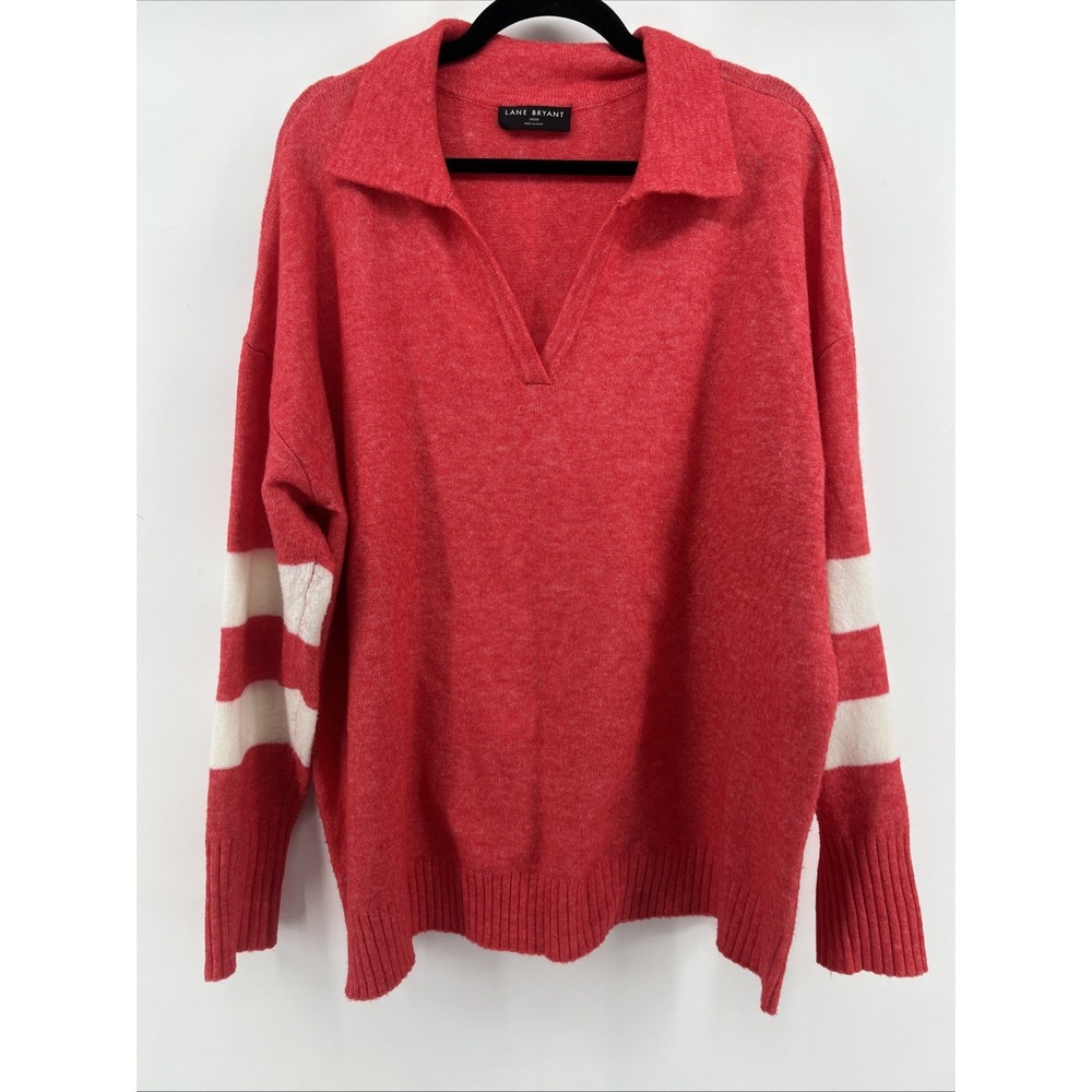 Lane Bryant Pink Polo V-Neck Varsity Stripe Knit Sweater Size 18/20 Plus Preppy
